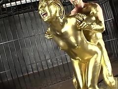 Japanese teen in gold paint gets fucked